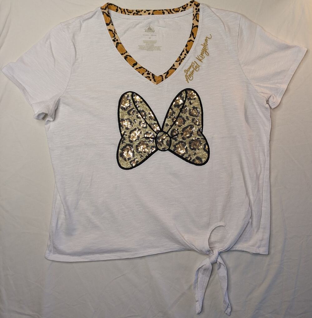 Disney Parks Animal Kingdom V Neck T Shirt Sequin Minnie Mouse Bow Leopard Sz M